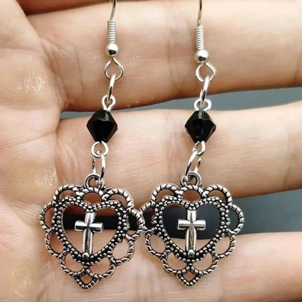 1 pair ladies black dark silver dangle drop goth punk cross pendant earrings